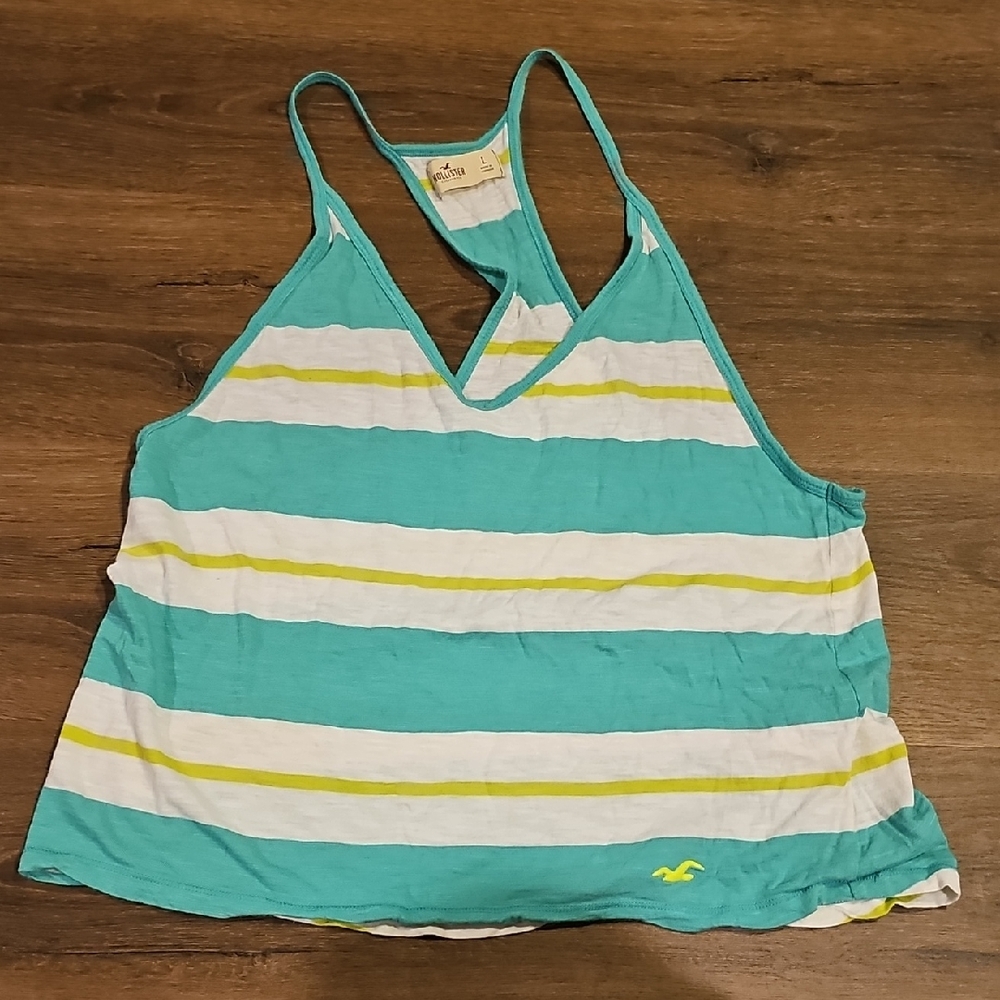 Vintage Hollister Green Neon Green  White Striped Tank Top Large Women Shirt